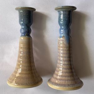 Candle Sticks with Blue and Sand Colors. Set of 2